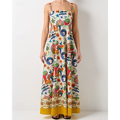  Damen Langes Kleid Maxikleid Baumwoll-Leinen-Kleider Freizeitkleid Mode Outdoor Party Ferien Normale Passform Landschaft Ärmellos Träger Gelb Sommer