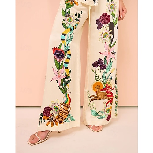  Femmes Mode Streetwear Ensembles de Pantalons Manche Courte Col de chemise Fleuri Imprimé Tenue quotidienne Date Beige Été Coupe régulière
