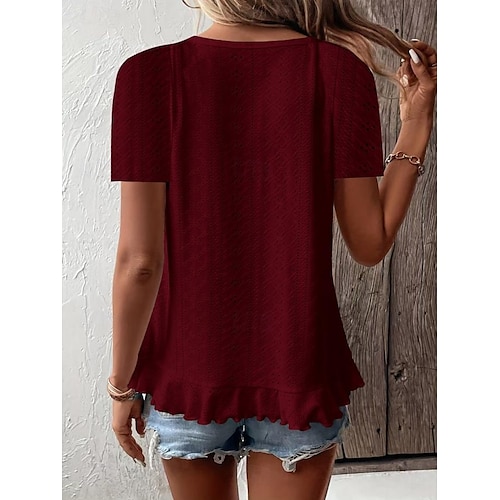  Women's T Shirt Solid Color Plain Basic Casual Short Sleeve Crew Neck Regular Tops Daily Weekend Ruffle Eyelet White Yellow Pink Green Summer