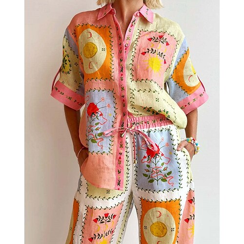  Per donna Moda Streetwear Set di biancheria in cotone Set di Pantaloni Mezza Manica Colletto a Camicia Floreale Stampato Abbigliamento quotidiano Data Rosa Estate Vestibilità regolare