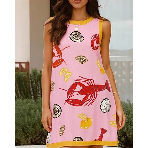  Damen Minikleid Baumwoll-Leinen-Kleider Freizeitkleid Mode Outdoor Party Ferien Normale Passform Tiermotiv Ärmellos Rundhalsausschnitt Rosa Sommer