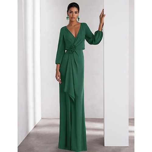 Vestido de Noche A-Line Elegante Formal para Invitadas de Boda Largo con Mangas Largas Cuello en V de Crepé Elástico con Volantes Vestido de Noche A-Line Elegante Formal para Invitadas de Boda Largo con Mangas Largas Cuello en V de Crepé Elástico con Volantes