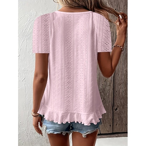  Women's T Shirt Solid Color Plain Basic Casual Short Sleeve Crew Neck Regular Tops Daily Weekend Ruffle Eyelet White Yellow Pink Green Summer