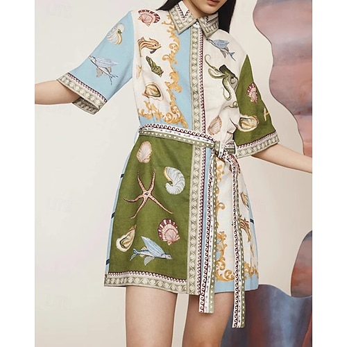  Damen Minikleid Baumwoll-Leinen-Kleider Freizeitkleid Mode Outdoor Party Ferien Normale Passform Tiermotiv Kurzarm Hemdkragen Grün Sommer