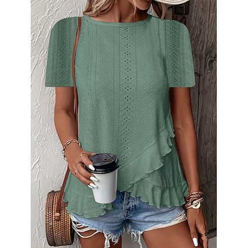  Women's T Shirt Solid Color Plain Basic Casual Short Sleeve Crew Neck Regular Tops Daily Weekend Ruffle Eyelet White Yellow Pink Green Summer