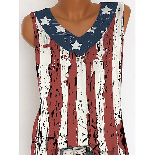  Jour de l'Indépendance Camisole Débardeur Femme Patriote Quatrième Juillet Graphic Drapeau Vintage Tropical Élégant Sans Manches Col V Long Tops Quotidien Imprimé Rouge Été Printemps