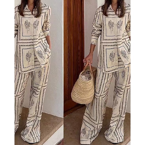  Femmes Mode Streetwear Chemises en coton et lin Ensembles en coton et lin Ensembles de Pantalons Manche Courte Col de chemise Géométrique Imprimé Tenue quotidienne Date Beige Été Coupe régulière