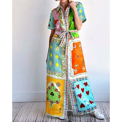  Damen Langes Kleid Maxikleid Baumwoll-Leinen-Kleider Freizeitkleid Mode Outdoor Party Ferien Normale Passform Farbblock Kurzarm Hemdkragen Blau Sommer