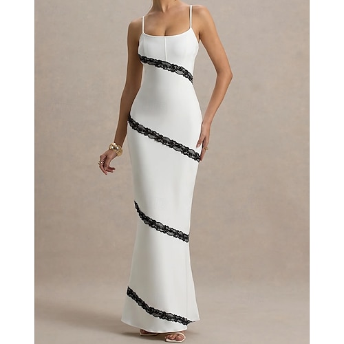 weiße Meerjungfrau/Trompete Ballkleider elegantes Kleid halbformelle Hochzeit bodenlang ärmellos Spaghettiträger Stretch-Krepp mit Spitzenapplikationen 2025