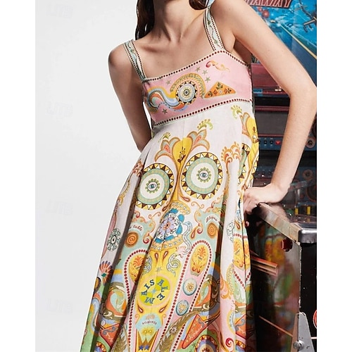  Damen Langes Kleid Maxikleid Baumwoll-Leinen-Kleider Freizeitkleid Mode Outdoor Party Ferien Normale Passform Ethnisch Kurzarm Träger Gelb Sommer