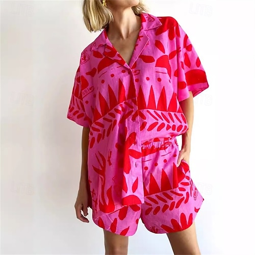  Femmes Mode Streetwear Ensembles en coton et lin Ensembles de Shorts Manche Courte Col de chemise Abstrait Imprimé Tenue quotidienne Date Rose Claire Été Coupe régulière