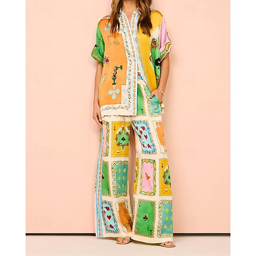  Femmes Mode Streetwear Chemises en coton et lin Ensembles en coton et lin Ensembles de Pantalons Manche Courte Col de chemise Bloc de Couleur Impression Imprimé Tenue quotidienne Date Jaune Été Coupe