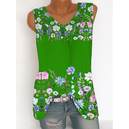  Femmes Débardeur caraco Fleuri Graphique ancien Tropical Élégant Sans manches Col en V Hauts Longs Quotidien Imprimé Bleu Violet Vert Été Printemps