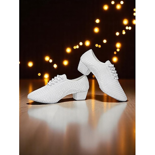 Scarpe da ballo latino da donna in rete bianca con tacchi bassi e grossi e strass scintillanti - calzature da ballo professionali traspiranti per artisti e competizioni