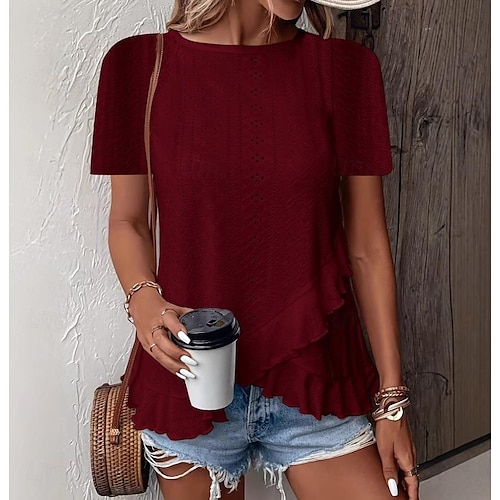  Women's T Shirt Solid Color Plain Basic Casual Short Sleeve Crew Neck Regular Tops Daily Weekend Ruffle Eyelet White Yellow Pink Green Summer