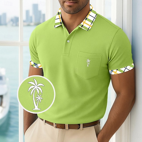  Pánské Golfová košile Polokošile Pique Obchod Ležérní Žebrovaný polo límec Krátký rukáv Módní Základní Pevná barva Pléd Knoflíky Logo Léto Jaro Jaro & podzim Běžný Žlutá Námořnická modř Trávová zelená