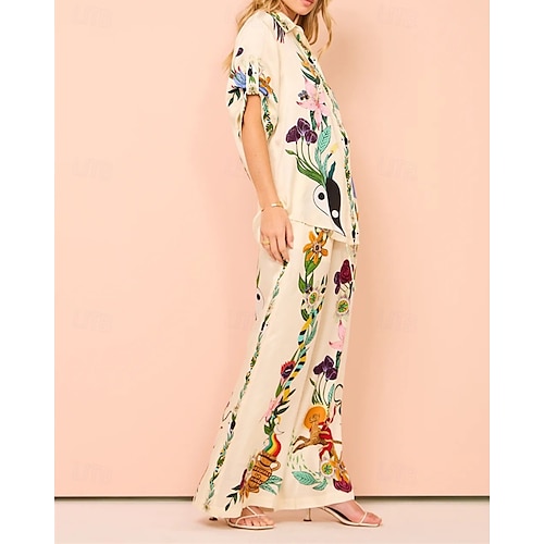  Femmes Mode Streetwear Ensembles de Pantalons Manche Courte Col de chemise Fleuri Imprimé Tenue quotidienne Date Beige Été Coupe régulière