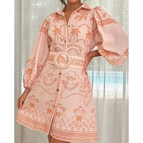  Damen Langes Kleid Maxikleid Baumwoll-Leinen-Kleider Freizeitkleid Mode Outdoor Party Ferien Normale Passform Blume Langarm Hemdkragen Rosa Blau Sommer