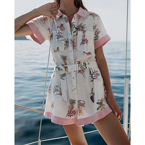  Femmes Normal Combishort Actif Fleuri Manche Courte Tee-shirt Shorts amples Col de chemise Avec Poches Ceinturé Rue Quotidien Coupe régulière Rose Claire Été
