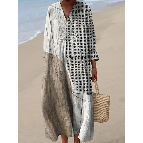  Dames Halflange jurk Zonnejurk A lijn jurk Vakantie Casual Boho Feest Uitgaan Strand Grafisch Geometrisch Streep Lange mouw V-hals As Geel Blozend Roze Oranje Zomer Lente