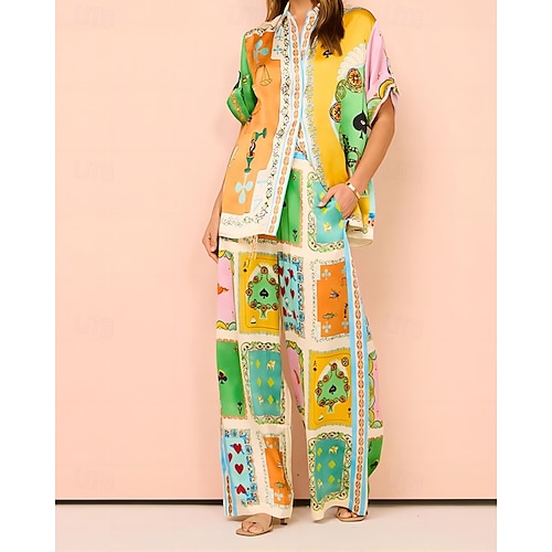  Femmes Mode Streetwear Chemises en coton et lin Ensembles en coton et lin Ensembles de Pantalons Manche Courte Col de chemise Bloc de Couleur Impression Imprimé Tenue quotidienne Date Jaune Été Coupe