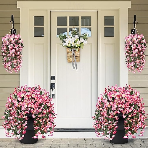  Pachet de 2 flori artificiale false, plante suspendate pentru exterior, decor de primăvară-vară, din mătase artificială, rezistente la UV, viță de vie realistă, pentru verandă, terasă, balcon