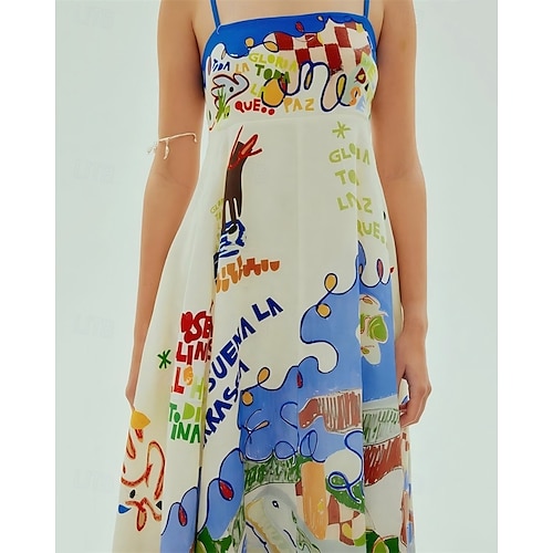  Dámské Dlouhé šaty Maxi šaty Bavlněné lněné šaty Volnočasové šaty Slip Dress Módní Venkovní Párty Dovolená Běžný Tropický vzhled Bez rukávů Špagetová ramínka Žlutá Vodní modrá Oranžová Léto