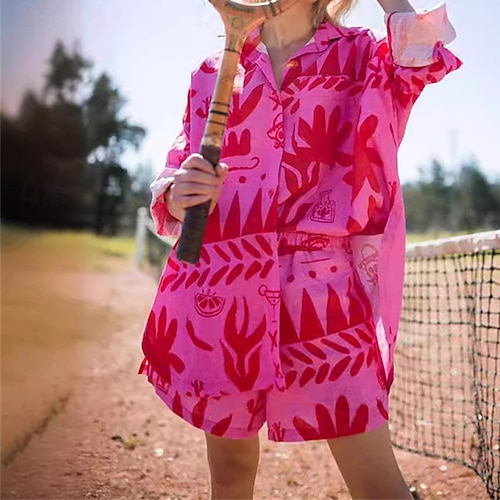  Femmes Mode Streetwear Ensembles en coton et lin Ensembles de Shorts Manche Courte Col de chemise Abstrait Imprimé Tenue quotidienne Date Rose Claire Été Coupe régulière