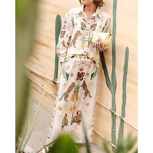  Per donna Moda Streetwear Camicie di cotone e lino Set di biancheria in cotone Set di Pantaloni Manica Lunga Colletto a Camicia Animale Stampato Abbigliamento quotidiano Data Beige Estate Vestibilit