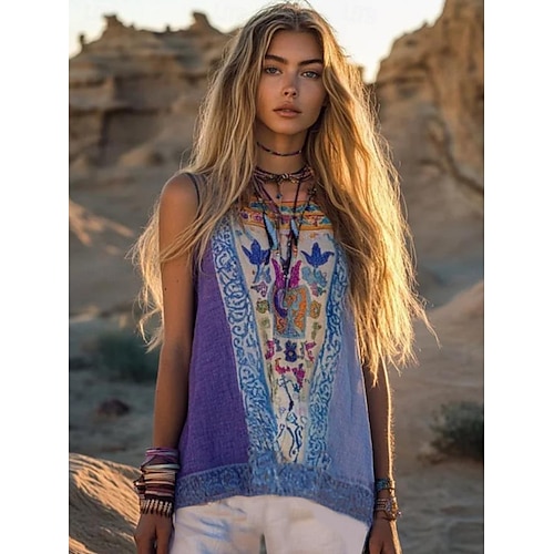  Női Camisole Tank Top Virágos Grafika Csehország Napi Retró Ujjatlan Terített nyak Normál felsők Nyaralási viselet Bíbor Nyár Tavasz