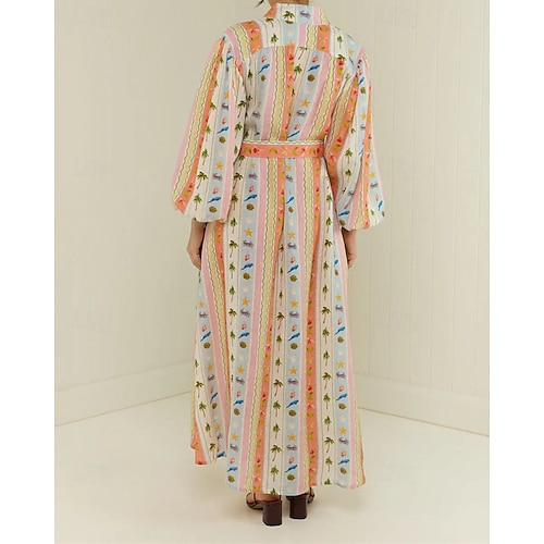  Per donna Abito Lungo Maxi Abito Abiti in cotone e lino Vestito Casual Moda All'aperto Feste Ferie Vestibilità regolare Tropicale Manica Lunga Colletto a Camicia Arancione Estate