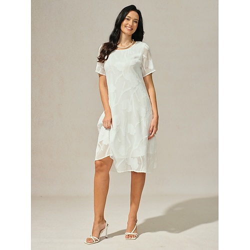  Dame Mini kjole Chiffonkjoler Elegant Fritid Løstsittende Blomstret Kortermet Crew-hals Hvit Sommer