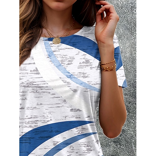  女性用 Tシャツ グラフィック 幾何学模様 ジオメトリ ヴィンテージ スタイリッシュ クラシック 半袖 クルーネック ラウンドネック レギュラートップス 日常 プリント ブルー 夏 春