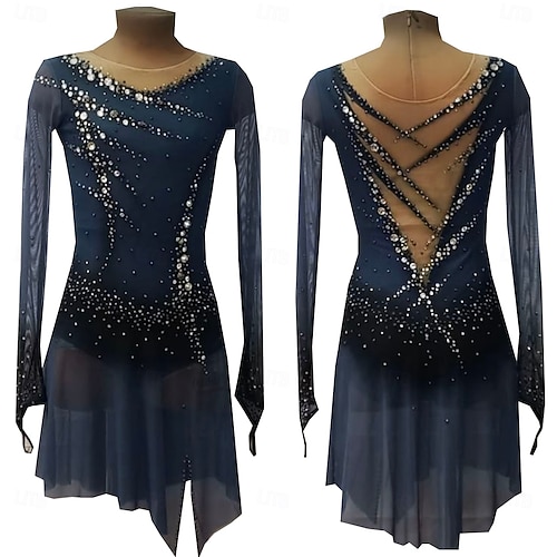 Figure Skating Dress Women's Girls' Ice Skating Dress Dark Blue Thumbhole Halo Dyeing High Elasticity Professional Competition Skating Wear Thermal Warm Crystal / Rhinestone Long Sleeve Ice Skating 2026 - CHF272 Figure Skating Dress Women's Girls' Ice Skating Dress Dark Blue Thumbhole Halo Dyeing High Elasticity Professional Competition Skating Wear Thermal Warm Crystal / Rhinestone Long Sleeve Ice Skating 2026 - CHF272
