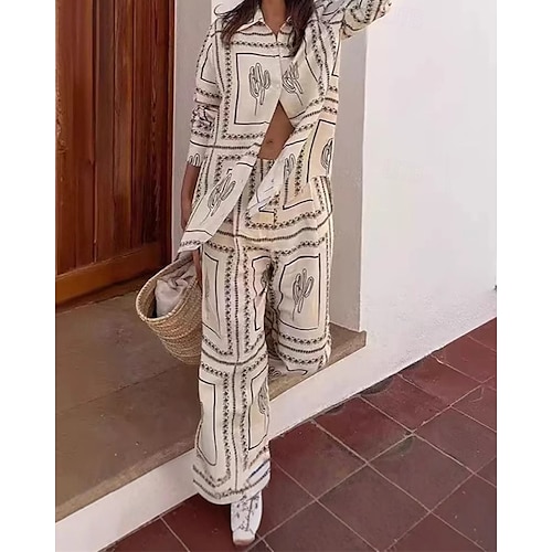  Femmes Mode Streetwear Chemises en coton et lin Ensembles en coton et lin Ensembles de Pantalons Manche Courte Col de chemise Géométrique Imprimé Tenue quotidienne Date Beige Été Coupe régulière