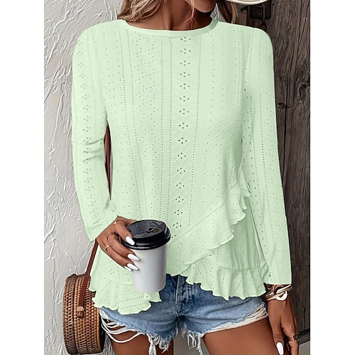  Women's Blouse Solid Color Stylish Casual Long Sleeve Crew Neck Regular Tops Daily Ruffle Eyelet White Yellow Blue Green Summer Spring