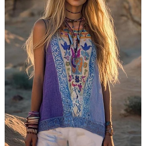  Női Camisole Tank Top Virágos Grafika Csehország Napi Retró Ujjatlan Terített nyak Normál felsők Nyaralási viselet Bíbor Nyár Tavasz