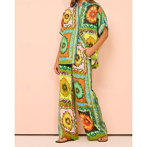  Femmes Mode Streetwear Chemises en coton et lin Ensembles de Pantalons Manche Courte Col de chemise Fleuri Imprimé Tenue quotidienne Date Vert Été Coupe régulière