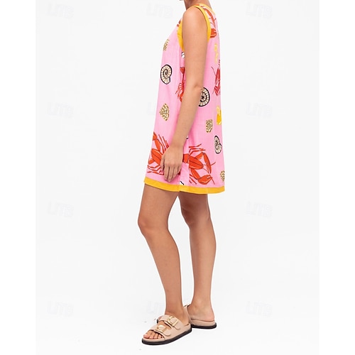  Damen Minikleid Baumwoll-Leinen-Kleider Freizeitkleid Mode Outdoor Party Ferien Normale Passform Tiermotiv Ärmellos Rundhalsausschnitt Rosa Sommer