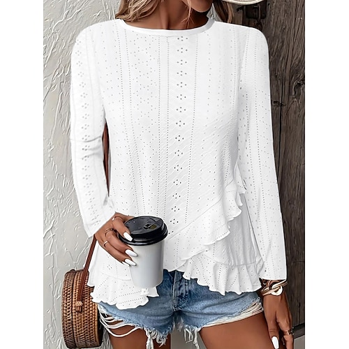  Women's Blouse Solid Color Stylish Casual Long Sleeve Crew Neck Regular Tops Daily Ruffle Eyelet White Yellow Blue Green Summer Spring