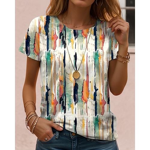 Mujer Camiseta Graphic Geométrico A Rayas Vintage Elegante Clásico Manga Corta Cuello Barco Tops regulares Diario Estampado Negro Blanco Azul Real Azul Piscina Morado Verano Primavera