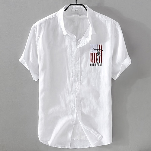  Herren Leinenhemd Freizeithemd Baumwoll-Leinen-Hemd Knopfhemd Flagge Urlaub Straße Weiß Dunkelmarine Himmelblau Khaki Kurzarm Revers Sommer Bekleidung Schnalle