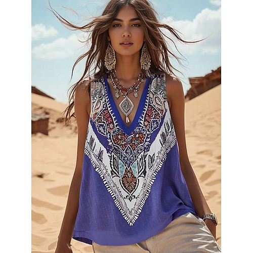  Pentru femei Camisole Tank Top Floral Grafic Boemia Zilnic Έθνικ Fără manșon În V Topuri obișnuite Zilnic Concediu Ieșire Albastru piscină Vară Primăvară