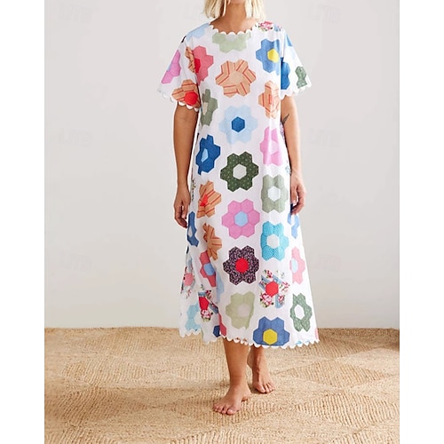  Dam Långklänning Maxiklänning Klänningar i bomullslinne Vardagsklänning Mode Utomhus Fest Helgdag Normal Blomma Kortärmad Rund hals Vit Sommar