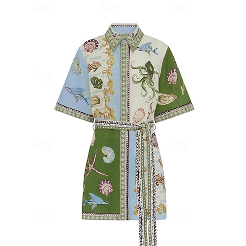  Damen Minikleid Baumwoll-Leinen-Kleider Freizeitkleid Mode Outdoor Party Ferien Normale Passform Tiermotiv Kurzarm Hemdkragen Grün Sommer