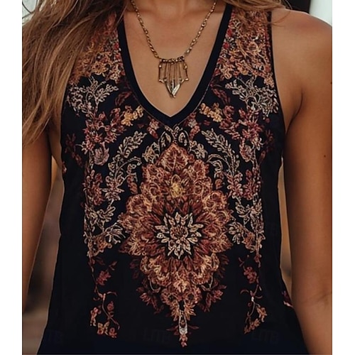  Női Camisole Tank Top Virágos Grafika Csehország Napi Etno Ujjatlan V-alakú Normál felsők Napi Szabadság Alkalmi Fekete Nyár Tavasz