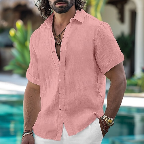 Per uomo Camicia Camicia di lino Camicia Estiva Camicia button-down Camicia casual Camicia da Spiaggia Tinta unica Vacanza Quotidiano Nero Bianco Rosa Blu Manica Corta Colletto Estate Abbigliamento