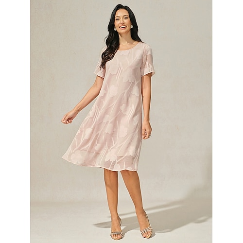  Dame Knelang kjole Chiffonkjoler Elegant Fritid Løstsittende Blomstret Kortermet Crew-hals Rosa Sommer