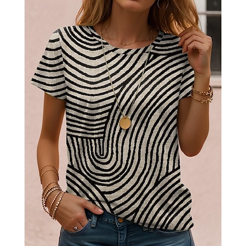  Pentru femei Tricou Grafic Geometric Dungi Epocă Stilat Clasic Manșon scurt Stil Nautic Topuri obișnuite Zilnic Imprimeu Negru Alb Bleumarin Albastru piscină Mov Vară Primăvară
