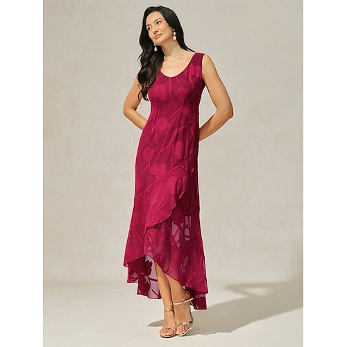  Femmes Robe maxi Robe à Volants Élégant Mariage robe demoiselle d honneur Soirée Coupe régulière Fleuri Sans manches Col en U Rouge Été Printemps